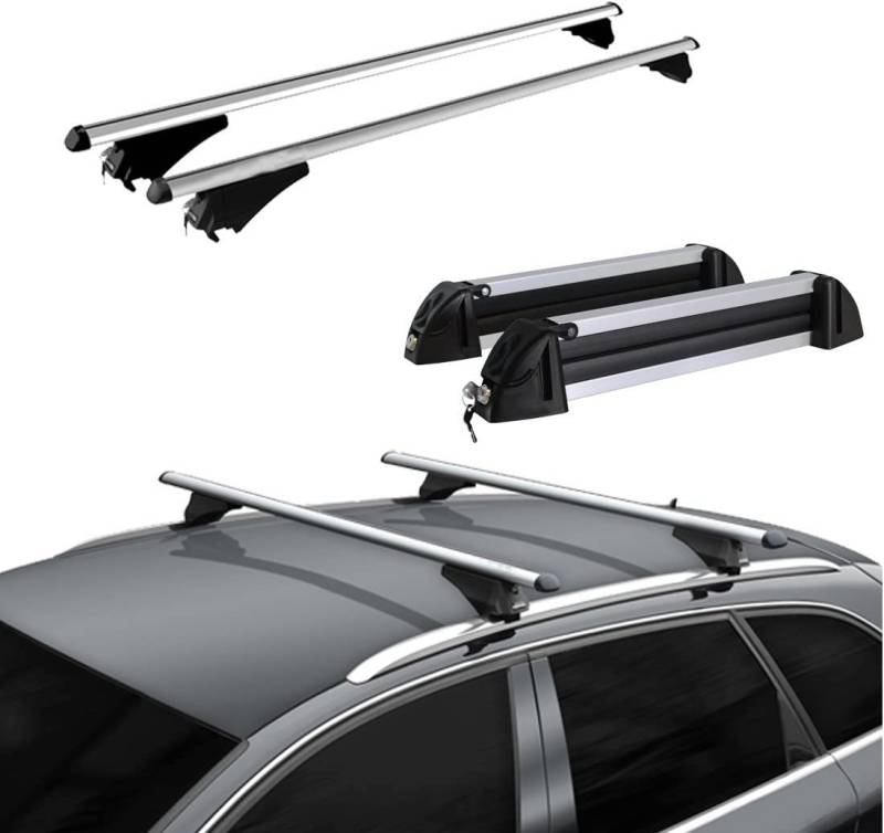 Dachträger aus Aluminium + Skihalter 4 Paar oder 2 Snowboarden für SUZUKI VITARA ab 2015 mit integriertem Railing von Au Co