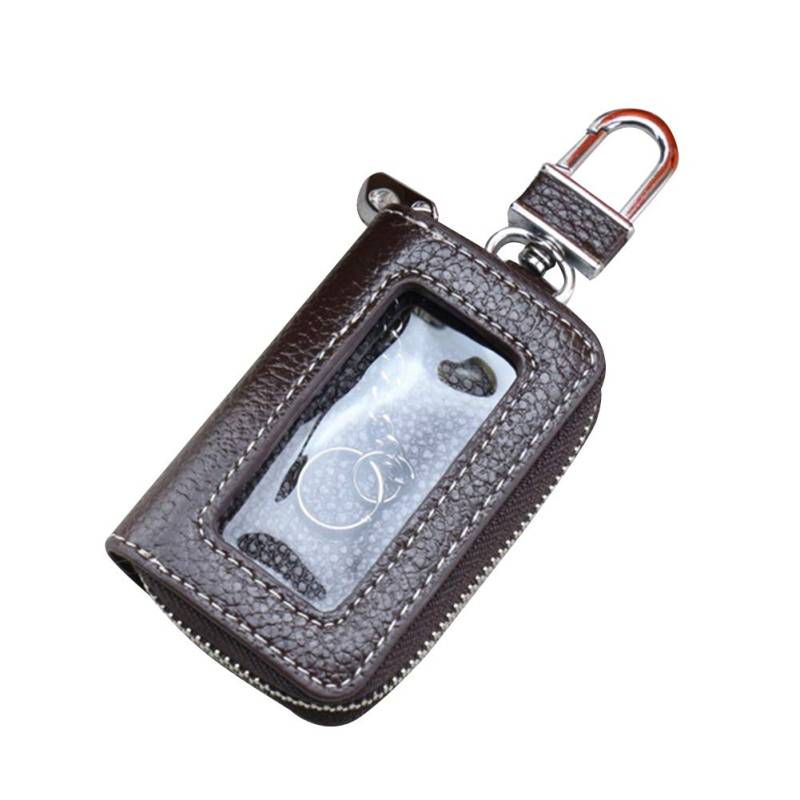 Aublinto Auto Schlüsselanhänger Etui aus echtem Rindsleder, Rot/Schwarz/Rosérot, für die meisten Autoschlüssel geeignet, mit O-Ring-Kette und Reißverschluss, Klarsichtfenster, Multifunktional von Aublinto