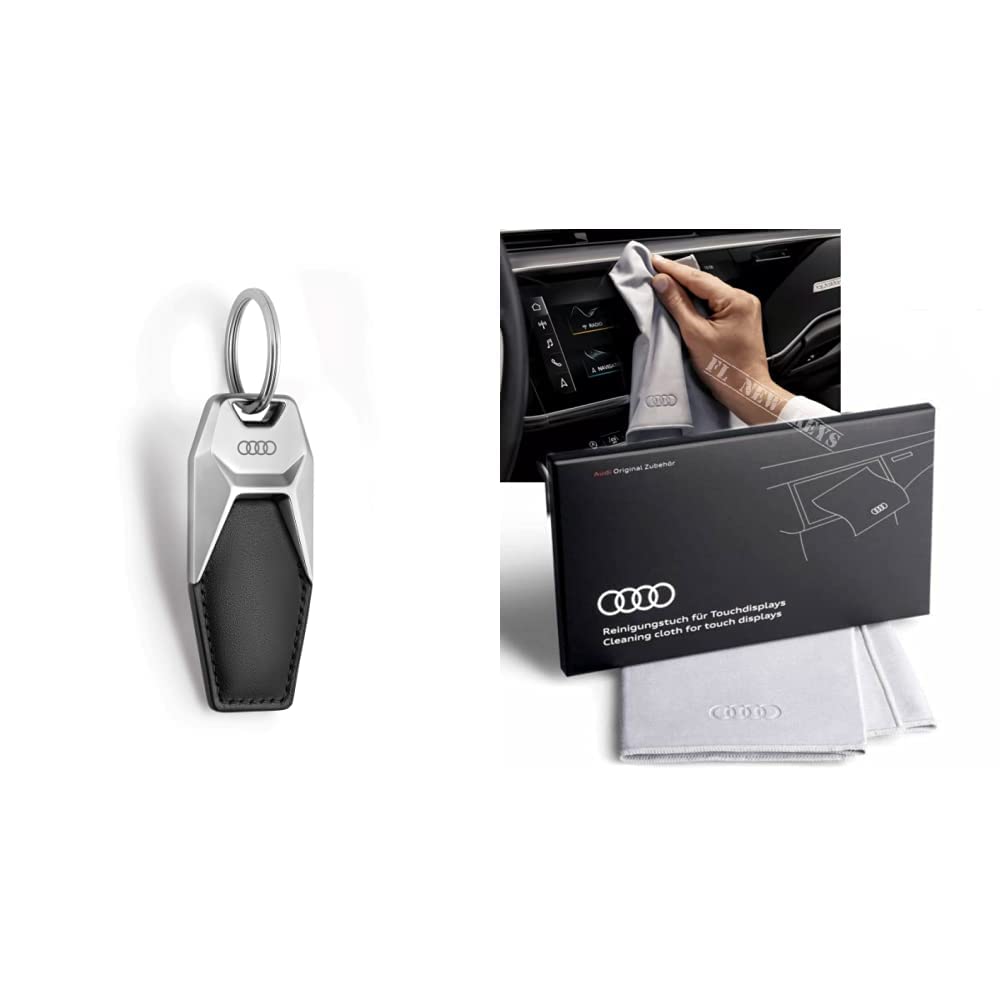 Audi 3181900600 Schlüsselanhänger Ringe Logo Metall Leder Anhänger Keyring, schwarz/silber & 80A096325 Reinigungstuch für Touchdisplays, Silber, 30x30cm von Audi