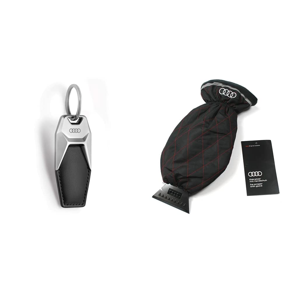 Audi 3181900600 Schlüsselanhänger Ringe Logo Metall Leder Anhänger Keyring, schwarz/silber & Original Eiskratzer mit Handschuh Winter Kratzer Scheiben Schnee Eiskratzerhandschuh 80A096010D Audi 3181900600 Schlüsselanhänger Ringe Logo Metall Leder Anhänger Keyring, schwarz/silber & Original Eiskratzer mit Handschuh Winter Kratzer Scheiben Schnee Eiskratzerhandschuh 80A096010D von Audi