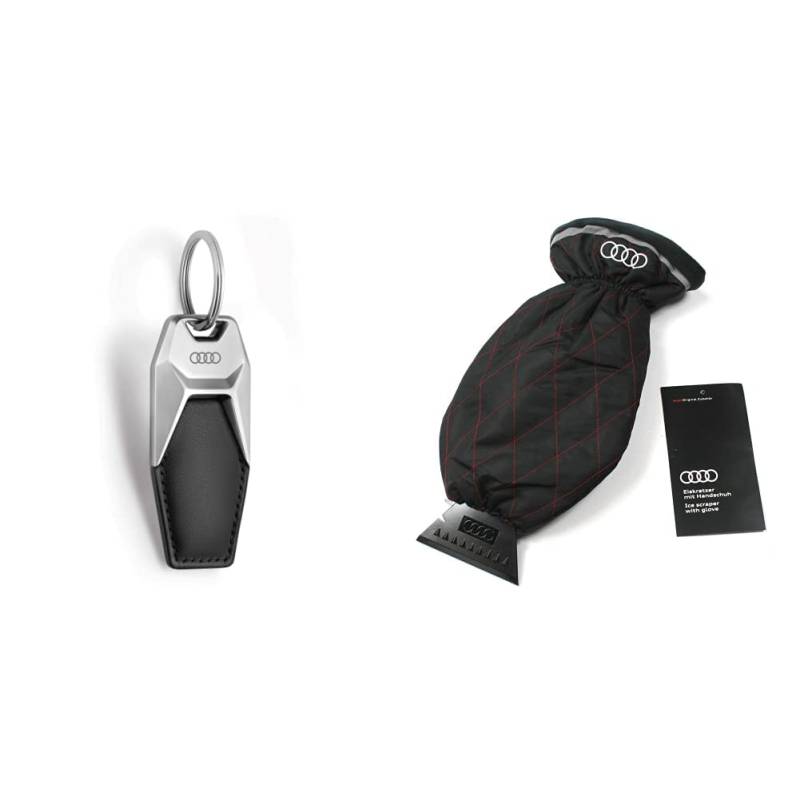 Audi 3181900600 Schlüsselanhänger Ringe Logo Metall Leder Anhänger Keyring, schwarz/silber & Original Eiskratzer mit Handschuh Winter Kratzer Scheiben Schnee Eiskratzerhandschuh 80A096010D von Audi