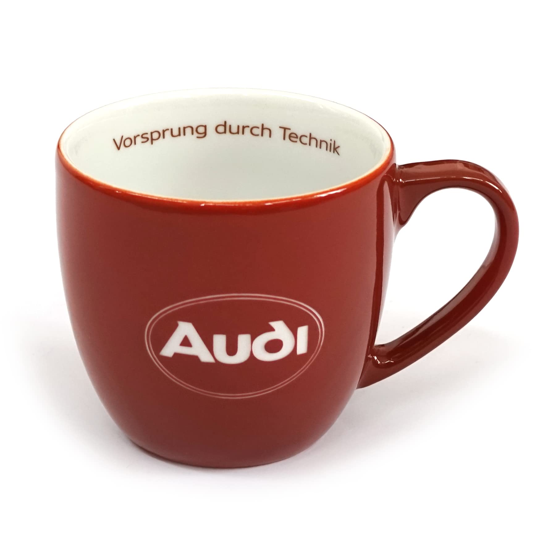 Audi A8-8053 Tasse Porzellan Becher Kaffeebecher Kaffeetasse, mit Schriftzug Vorsprung durch Technik, Oval Logo, rot von Audi