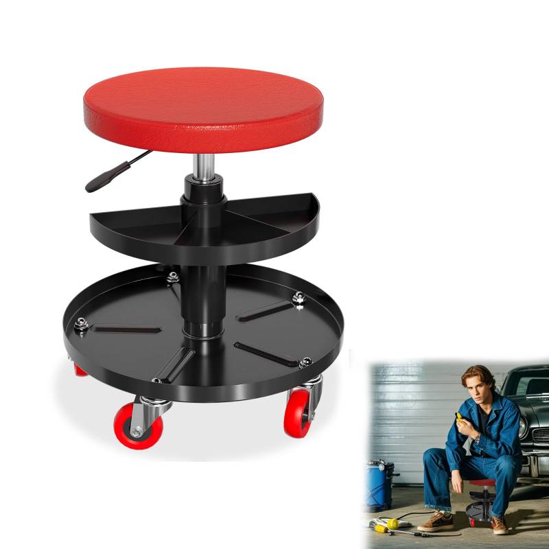 AufuN Werkstatt Rollsitz 130Kg Werkstatthocker Arbeitshocker mit Ablage für Werkzeug Mobile Werkzeugregale Sitz mit Rollhocker und Werkzeugablage Bürohocker mit 360° Rollen Montagehocker von AufuN