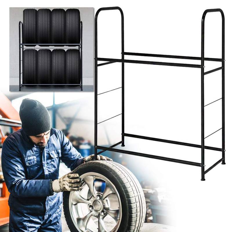 Aufun Reifenregal höhenverstellbar, Lagerregal, Felgenregal, 2-stöckiges verzinktes Metall Werkstattregal für 8 Reifen Schwarz，107x46x117cm von AufuN
