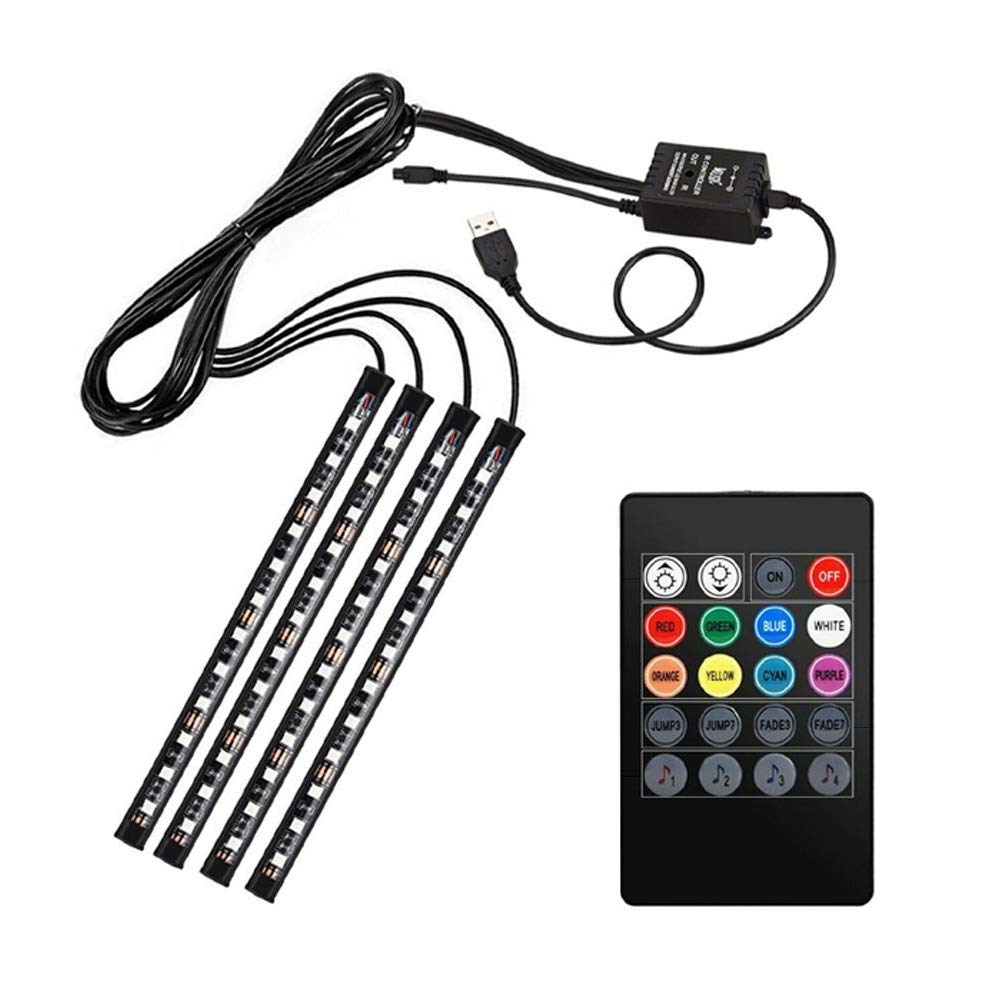 A59C LED Auto Innenbeleuchtung, 8 Farben, 48 LEDs, RGB Lichtstreifen mit Musiksteuerung, 4-teiliges Multicolor Ambiente Beleuchtung Set mit USB-Anschluss und 12V Autoladegerät, Fernbedienung von Aukson