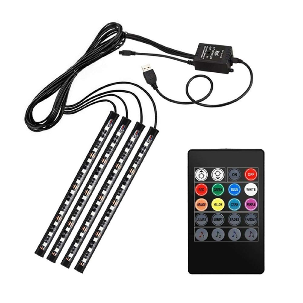 A59C LED Innenbeleuchtung Auto 8 Farbe 48x LED Streifen Licht Musik Fernbedienung Auto Innenbeleuchtung, 4 Stück Multicolor RGB Atmosphäre Lichter Strip mit USB Port Autoladegerät, Fernsteuerung, 12V von Aukson