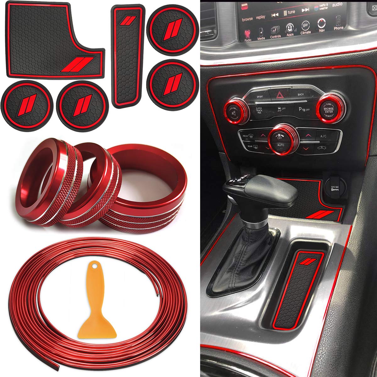 Auovo Anti-Staub-Matten und Zierleisten für Dodge Ladegerät, Zubehör 2015–2021, 6 Stück, Schaltereinsätze für Klimaanlage, Lautstärke, Radio-Schalter-Ring, 5 m, Auto-Innenleiste, Zierleiste (rot, Auovo Anti-Staub-Matten und Zierleisten für Dodge Ladegerät, Zubehör 2015–2021, 6 Stück, Schaltereinsätze für Klimaanlage, Lautstärke, Radio-Schalter-Ring, 5 m, Auto-Innenleiste, Zierleiste (rot, von Auovo