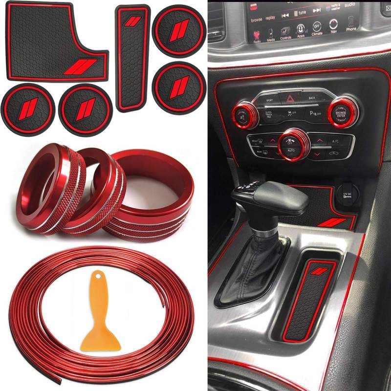 Auovo Anti-Staub-Matten und Zierleisten für Dodge Ladegerät, Zubehör 2015–2021, 6 Stück, Schaltereinsätze für Klimaanlage, Lautstärke, Radio-Schalter-Ring, 5 m, Auto-Innenleiste, Zierleiste (rot, von Auovo