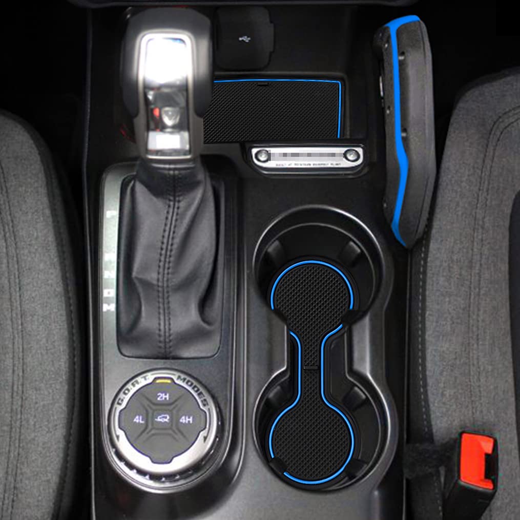 auovo Anti-Staub-Becherhalter-Einsatz, kompatibel mit Ford Bronco Zubehör 2021 2022 2023, individuelle Passform, Türtasche, Innenmatten 13 Stück (Automatikgetriebe) (Blauer Rand, 4 Türen) von Auovo