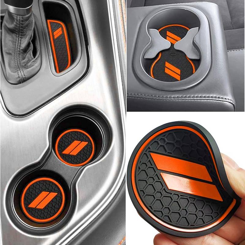 Auprite rutschfeste Anti-Staub-Matten für Dodge Challenger 2015 2016 2017 2018 2019 2020 2021 2022, maßgeschneiderte Getränkehalter-Einlagen für Tür, Tasche, Mittelkonsole (Orange) von Auprite