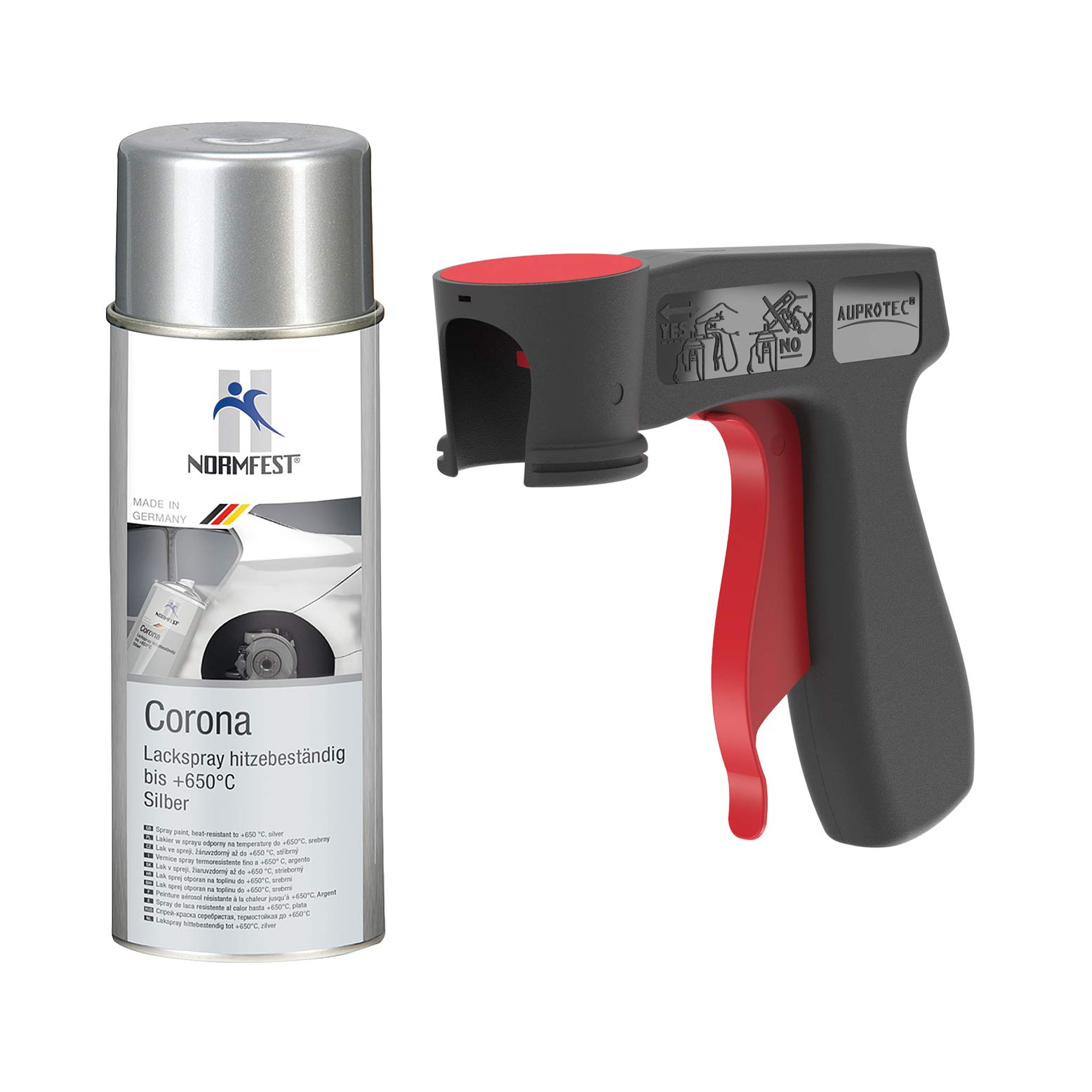 AUPROTEC Pistolengriff + Normfest Lackspray Corona Silber Motor Lack Sprühlack Hitzefest 650°C Auspuff Spray 1x 400ml von AUPROTEC