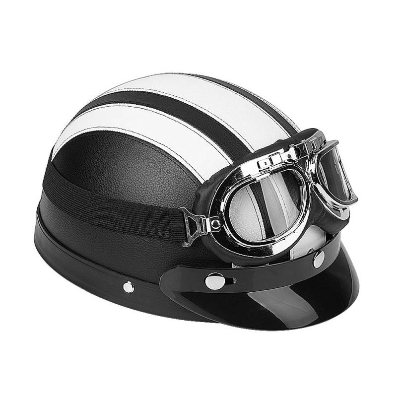 54 – 60 cm Motorradhelm, offen, aus Leder und weichem Innenfutter, mit -beständiger Brille, Weiß. von Ausla