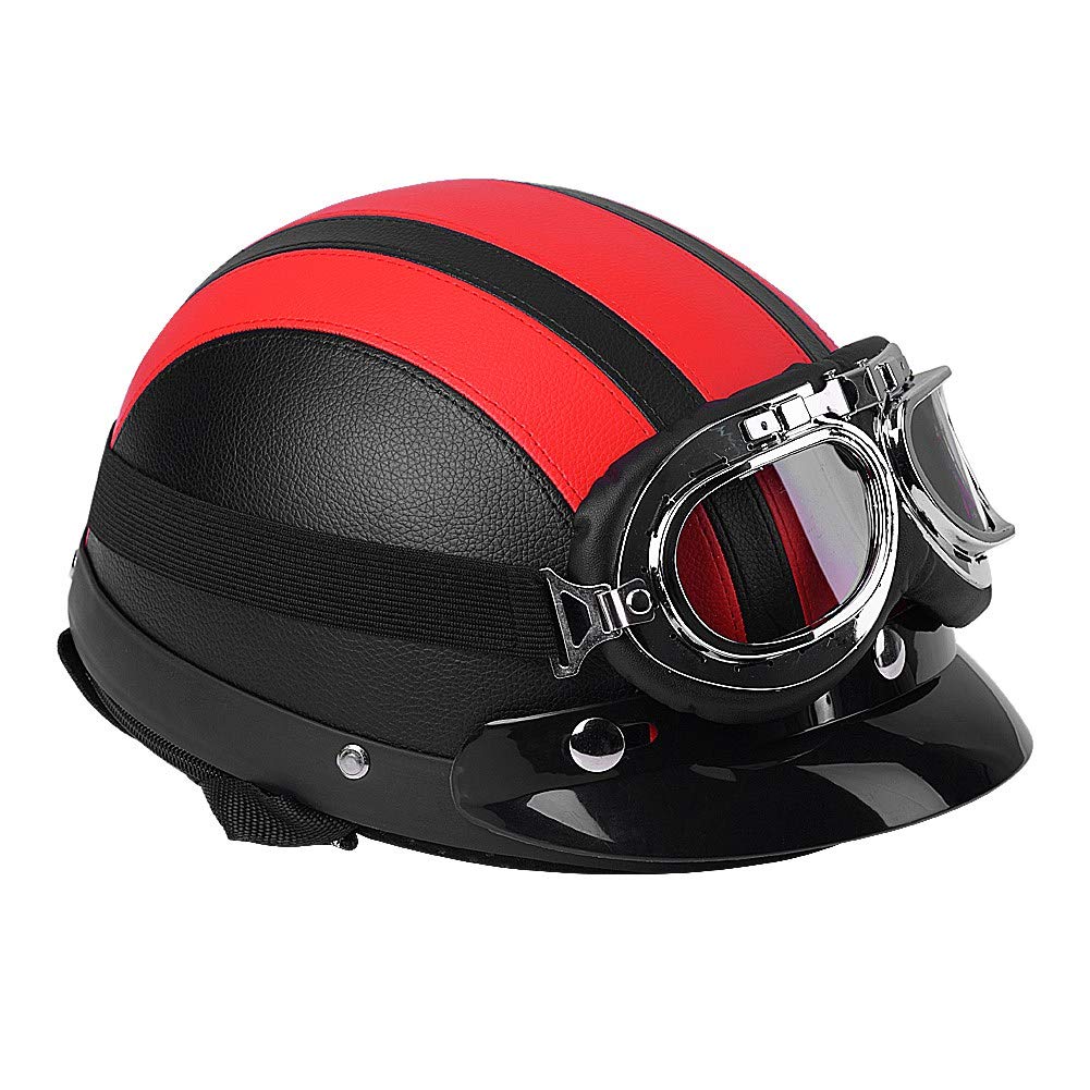 54 – 60 cm Motorradhelm, offener Helm aus Leder und weichem Innenfutter, mit -beständiger Brille, Rot. von Ausla