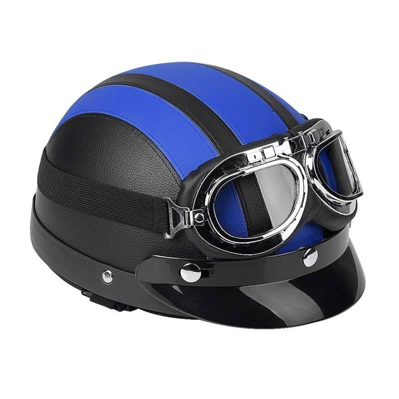 Ausla Motorrad Halbhelme, Jethelm Für Motorräder, offener Helm aus Leder und weichem Innenfutter, mit -beständiger Brille 54 – 60 cm Blau von Ausla