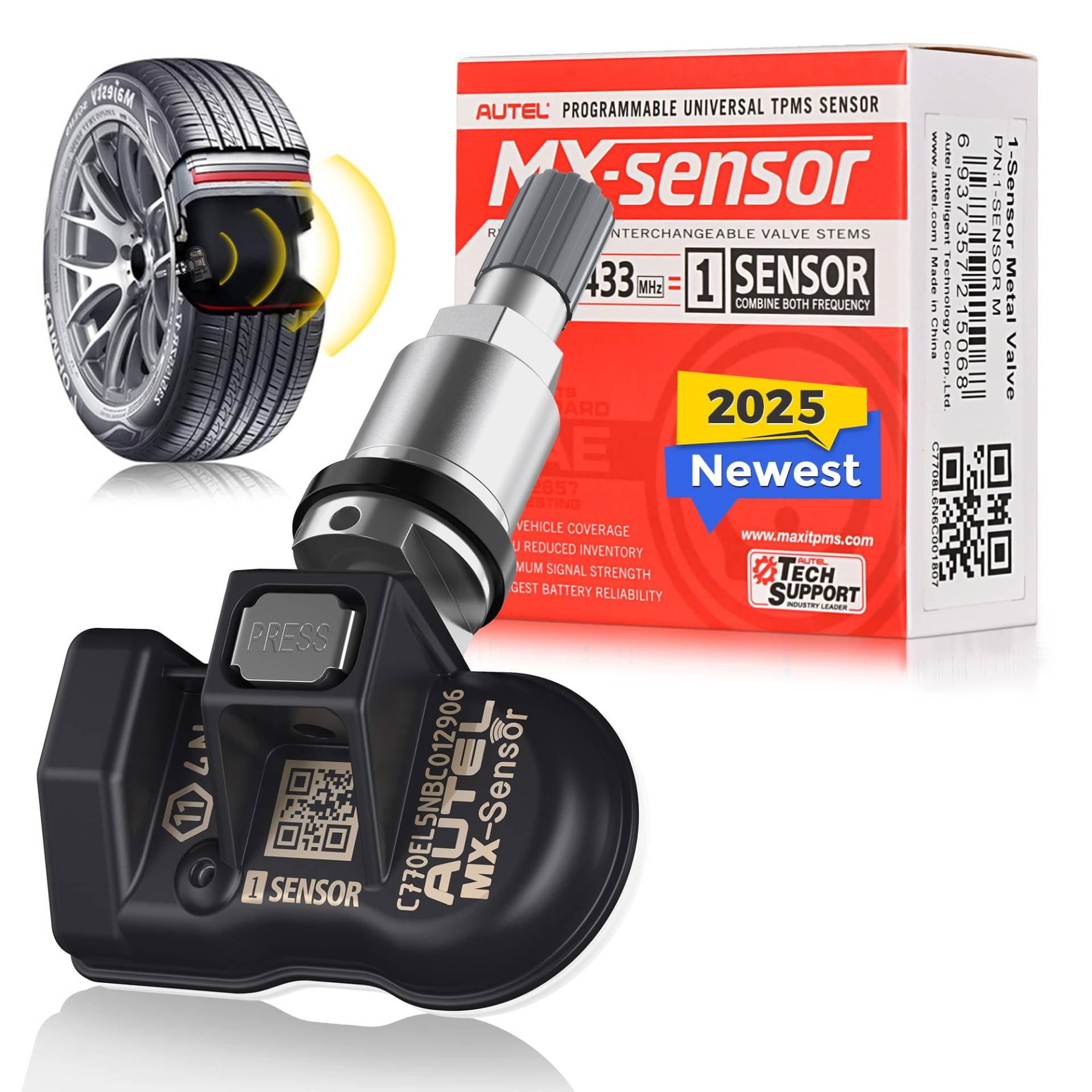 Autel 2 in 1 RDKS MX-Sensor, Reifen mit doppelter Frequenz für 98% Autos, identisch mit OE Sensor, Reifendruck-Kontrollsystem-RDKS-TPMS Ersatz Sensor, Druck klonbar bis 100% (Metallventil, 1 Stück) von Autel