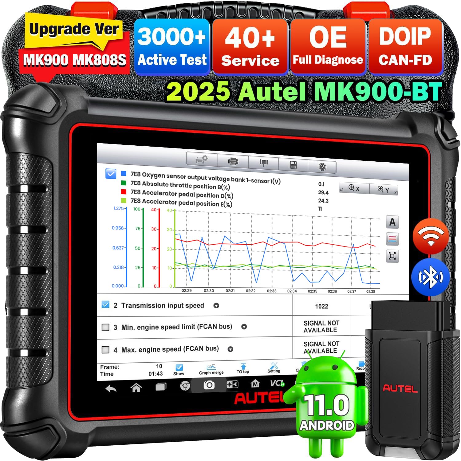 Autel MaxiCOM MK900BT OBD2 Diagnosegerät Auto, 2025 V2.0 Bidirektionales Diagnosetool, Kabellose Version von MK900, 40+ Dienste von Autel
