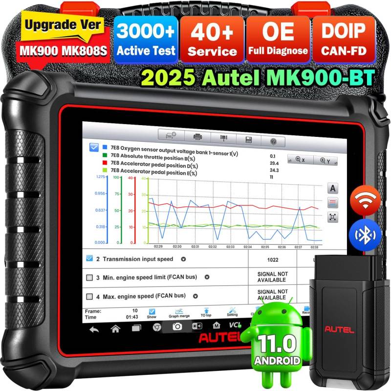 Autel MaxiCOM MK900BT OBD2 Diagnosegerät Auto, 2025 V2.0 Bidirektionales Diagnosetool, Kabellose Version von MK900, 40+ Dienste von Autel