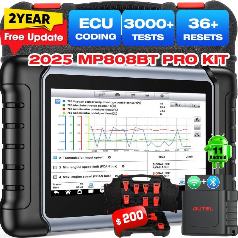 Autel MaxiPRO MP808BT PRO KIT, 2-Jahres-Update [€700 Wert], 2024 Gleiche erweiterte ECU-Codierung wie MK906 PRO/MS906BT, Bidirektionale Steuerung, 30+ Service, Android 11.0, Upgrade von MS906 MP808S von Autel