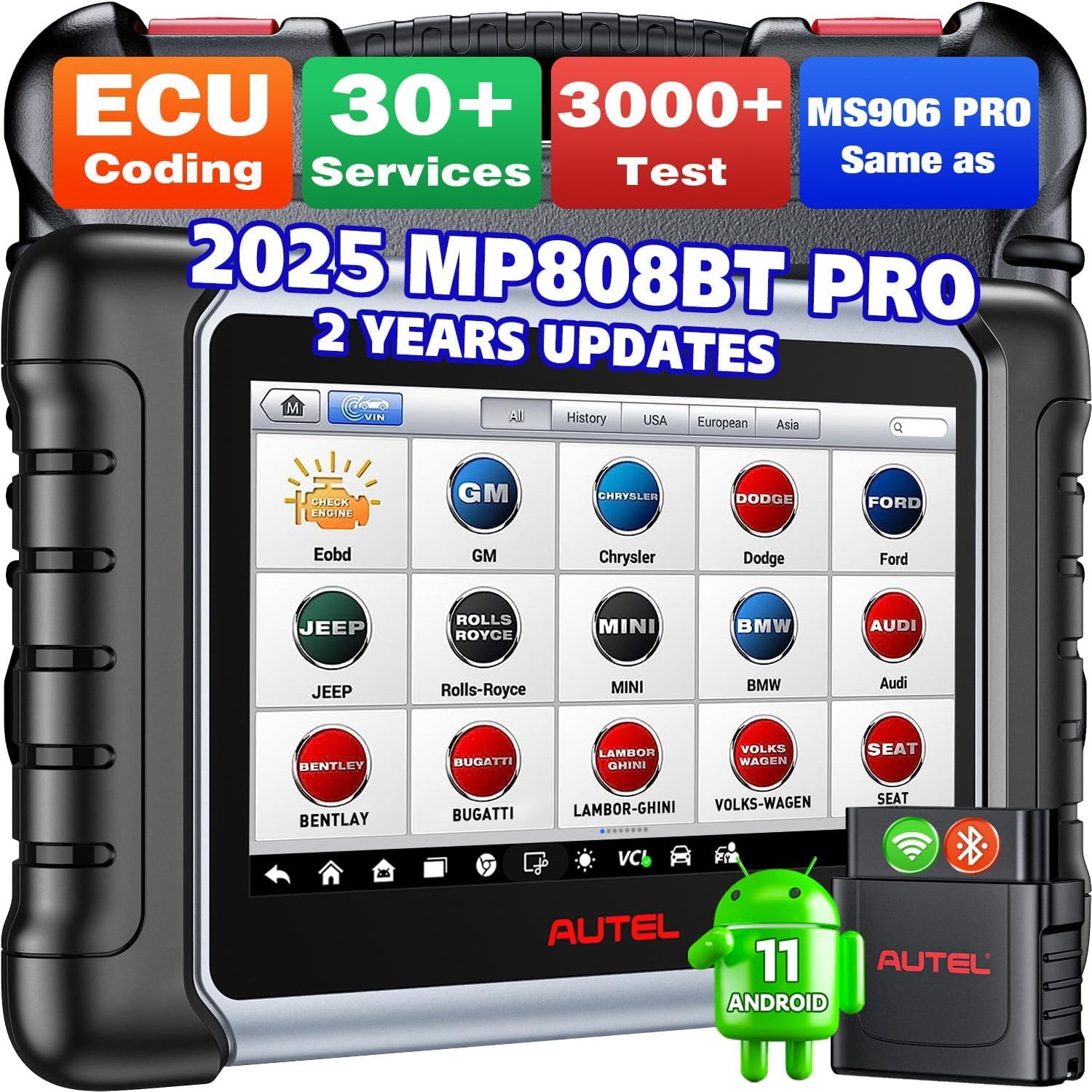 Autel MaxiPRO MP808BT PRO Android 11 Scanner [2 Jahre Kostenlose Updates], 2025 ECU-Codierung auf Händlerebene, Aktualisiert von MS906BT MP808S MP808 MP808BT, Vollständig Bidirektional, 30+ Dienste von Autel