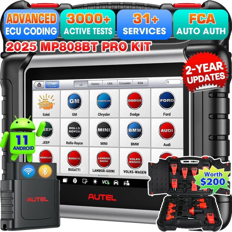 Autel MaxiPRO MP808BT PRO KIT OBD2 Diagnosegerät: 2 Jahre Updates (€700) Ver. von MP900-BT KIT MK900BT MK808S, (€200) Volle 11 Adapter, 2025 OE ECU Codierung wie MP900BT MS906 PRO, 3000+ Bidirektional von Autel