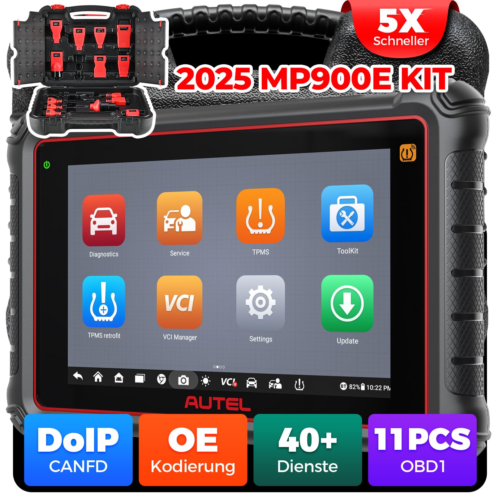 Autel MaxiPRO MP900E KIT OBD2 Diagnosegerät, 2024 Aufstockung von MP808BT KIT/MP808BT Pro/MS906BT w/ 11 Non-OBDII Adapter Kit, DoIP CAN-FD, 40+ Dienst, ECU Kodierung, Bi-Direktionaler Test, FCA SGW von Autel