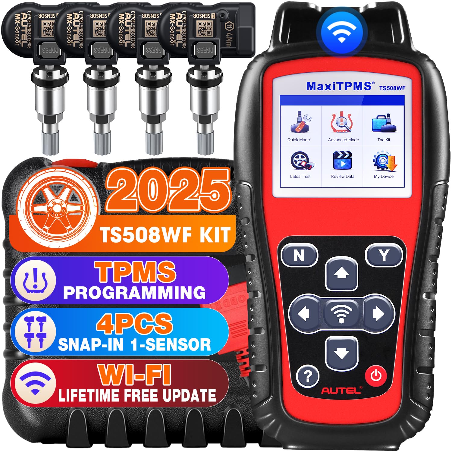 Autel MaxiTPMS TS508WF KIT mit 4 2-IN-1 Metall MX-Sensoren [Wert €120], 2024 WiFi TPMS Programmierung, Neulernen, Aktivieren Gerät, Program MX-Sensoren, Upgrade von TS508, TS501, TS408, TPMS Diagnose von Autel