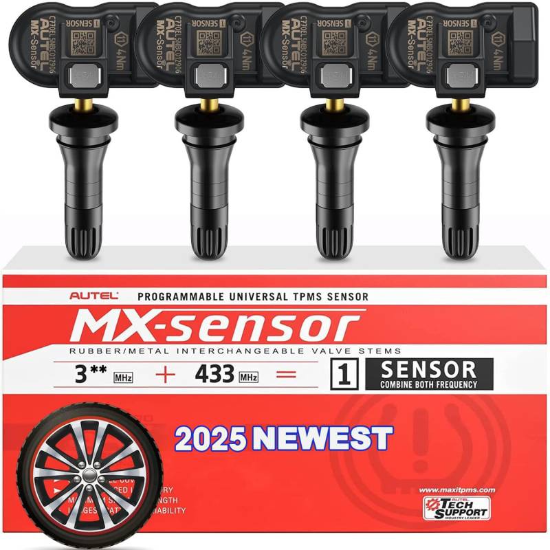 Autel TPMS-Sensor 2en1 MX-Sensor, 1- Einpressbarer Reifendruckkontrollsystem-Sensor, programmierbarer und klonbarer kabelloser TPMS-Sensor auf OE-Niveau für alle Fahrzeuge (Gummiventil, 4 STK) von Autel