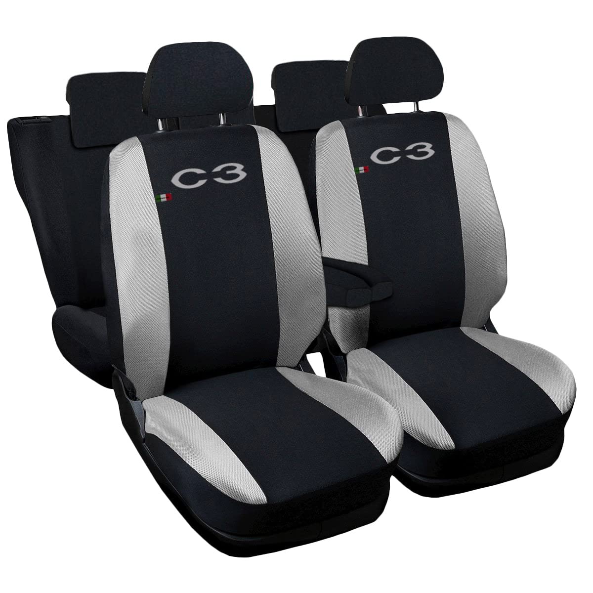 Auto Accessori Lupex Autositzbezüge kompatibel C3 | Made in Italy | Set Vordersitze und Armlehne | gesticktes Logo | Airbag kompatibel | Innen (schwarz/hellgrau) von Auto Accessori Lupex