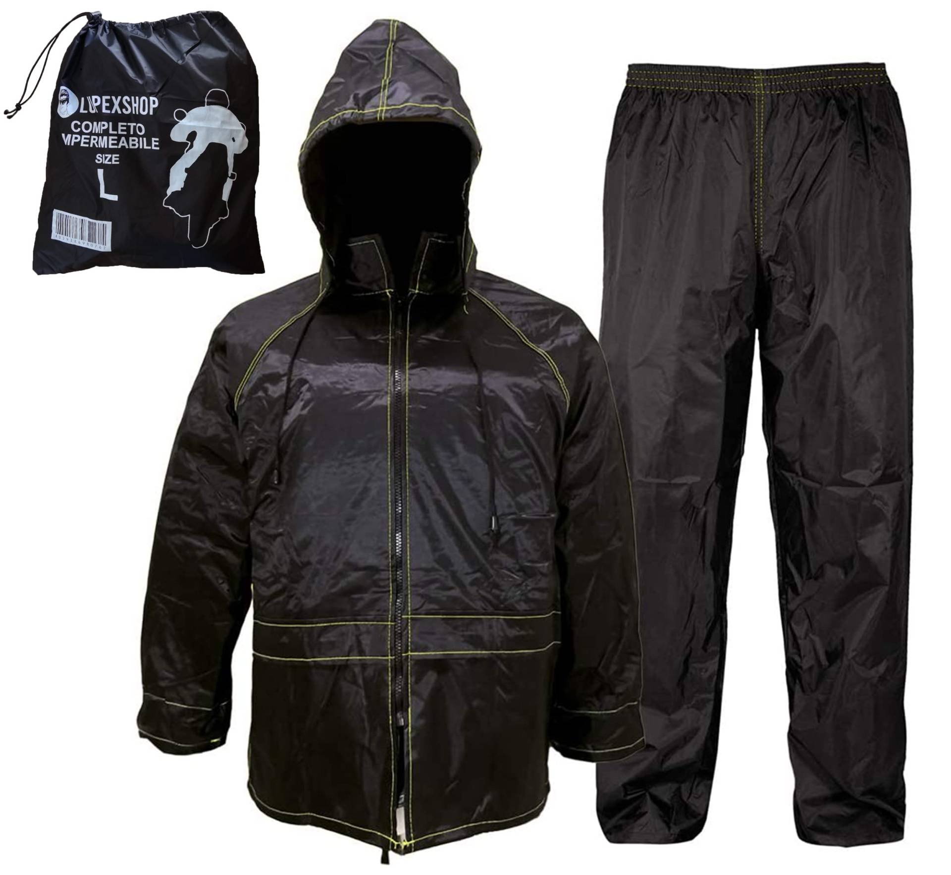 Auto Accessori Lupex - Regenanzug Wasserdichter winddichter, Größe 3XL, Farbe schwarz, Set aus Regenjacke und Regenhose mit einziehbare kapuze, mit Tragetasche, Unisex Mann Frau Auto Accessori Lupex - Regenanzug Wasserdichter winddichter, Größe 3XL, Farbe schwarz, Set aus Regenjacke und Regenhose mit einziehbare kapuze, mit Tragetasche, Unisex Mann Frau von Auto Accessori Lupex