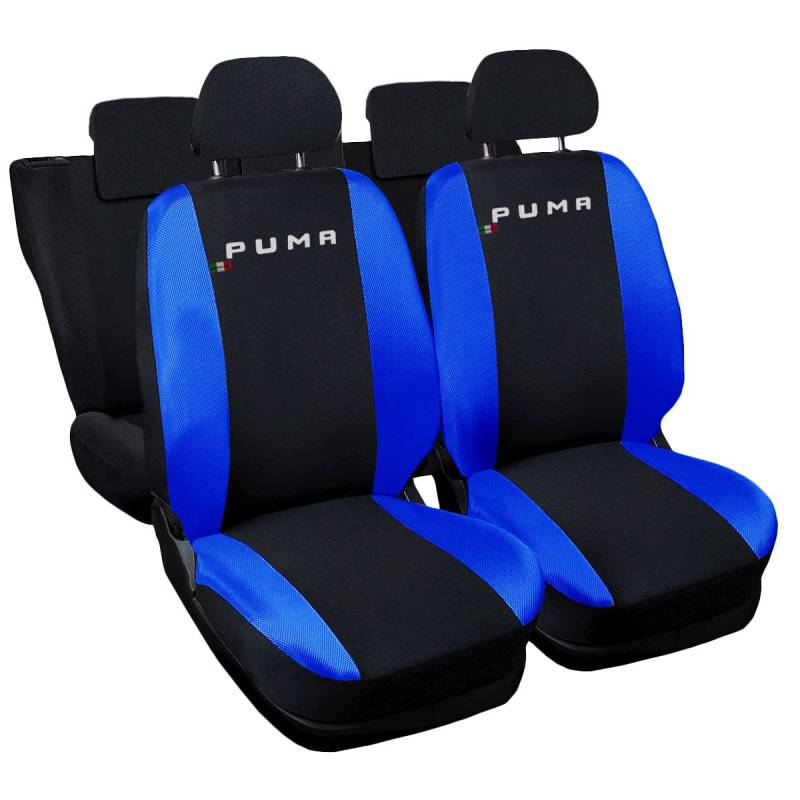 Auto Accessori Lupex Shop Sitzbezüge für Autos, kompatibel mit Puma, hergestellt in Italien, Set für Vorder- und Rücksitzbezüge, gesticktes Logo, kompatibel mit Airbag, Innenraum (Schwarz/Königsblau) von Auto Accessori Lupex