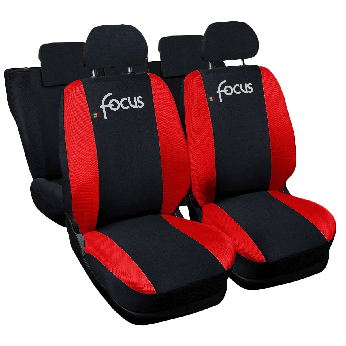 Auto Accessori Lupex - Sitzbezüge für Autositz, kompatibel Autositzbezüge für Focus, schwarz rot, Made in Italy, Set Sitzbezüge für Vorder- und Rücksitze, Polyester-Gewebe, Auto-Innenbezüge von Auto Accessori Lupex