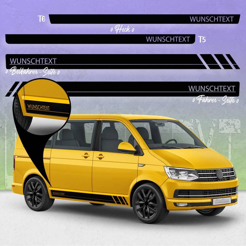 Auto-Dress Seiten-Streifen Aufkleber Set/Dekor passend für Volks-Wagen T4, T5 & T6 Bus - Motiv: Wunschtext Racing (111M Black Matt, Radstand: kurz) von auto-Dress.de