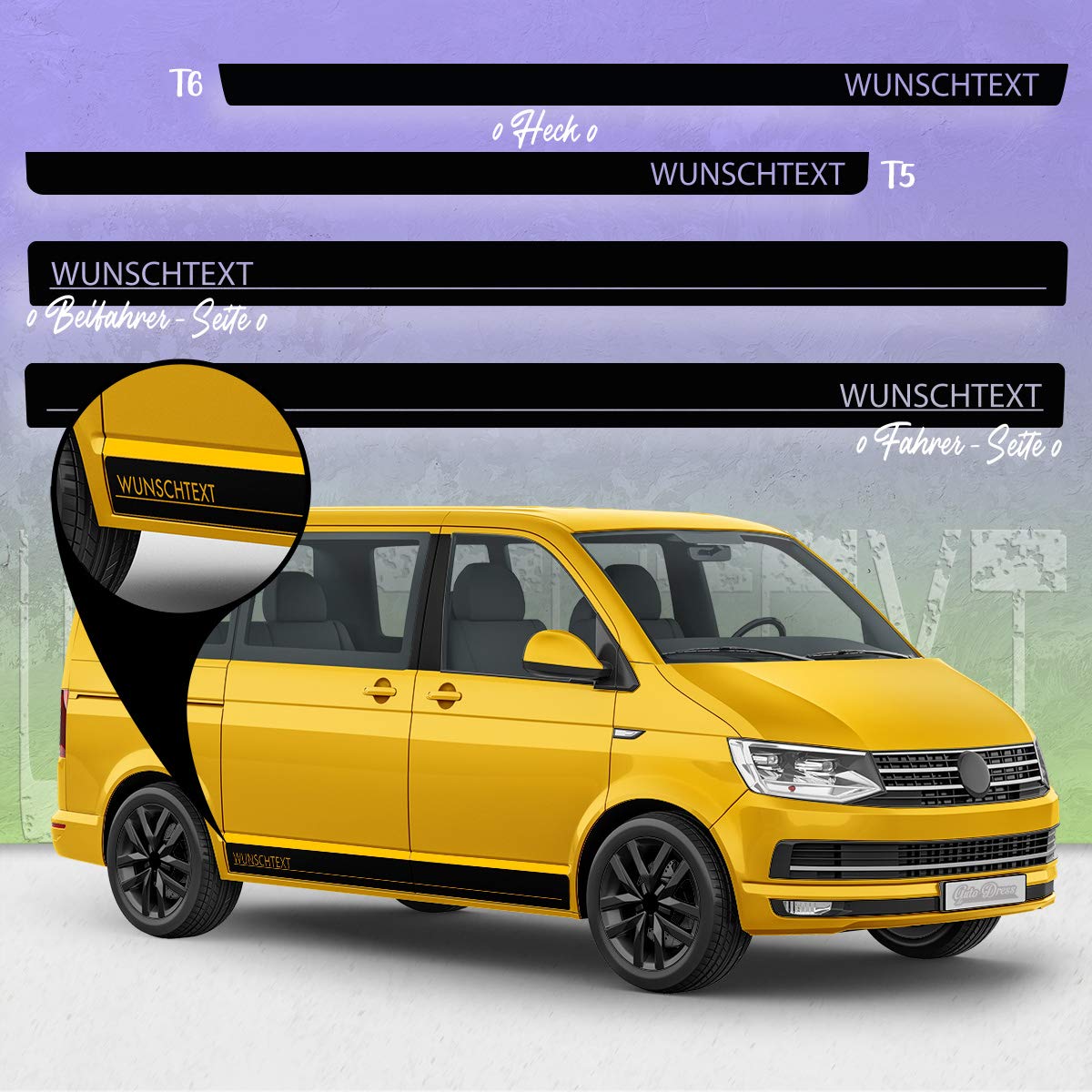 Auto-Dress Seiten-Streifen Aufkleber Set/Dekor passend für VW T4, T5 & T6 Bus - Motiv: Wunschtext (110 Black Gloss, Radstand: Kurz) von auto-Dress.de