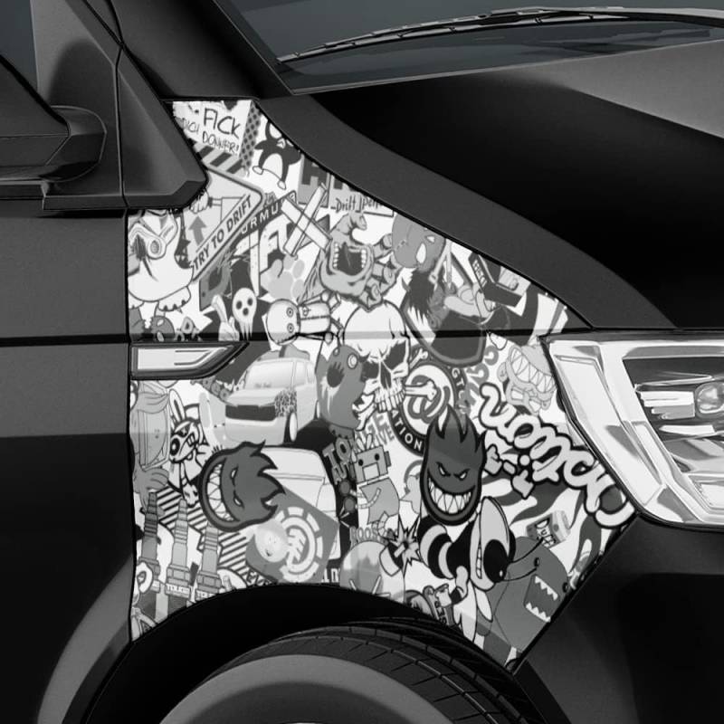 Auto-Dress® Stickerbomb Auto-Folie mit Luftkanal-Technik für 3D Car-Wrapping | Mit Marken & Logos, JDM Kfz Aufkleber (100x150cm, Design: Special, Farbe: Schwarz-Weiß, Finish: Matt) von Auto-Dress