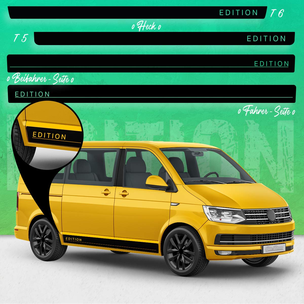 Auto-Dress Seiten-Streifen Aufkleber Set/Dekor passend für VW T4, T5 & T6 Bus - Motiv: Edition Original (111M Black Matt, Langer Radstand) von Auto-Dress