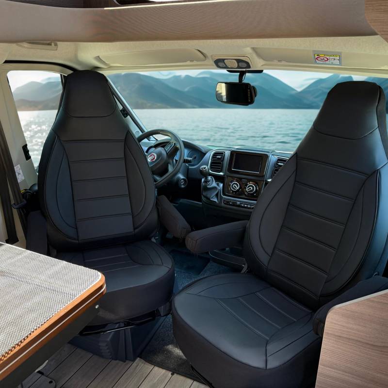 Auto Interieur Meester Sitzbezüge passend Kompatibel FIAT Ducato Wohnmobil 2-teiliges Set für Fahrer & Beifahrer mit Armlehnenbezügen,kompatibel mit Pössl, Knaus, Adria, Carthago Kunstleder Schwarz von Auto Interieur Meester