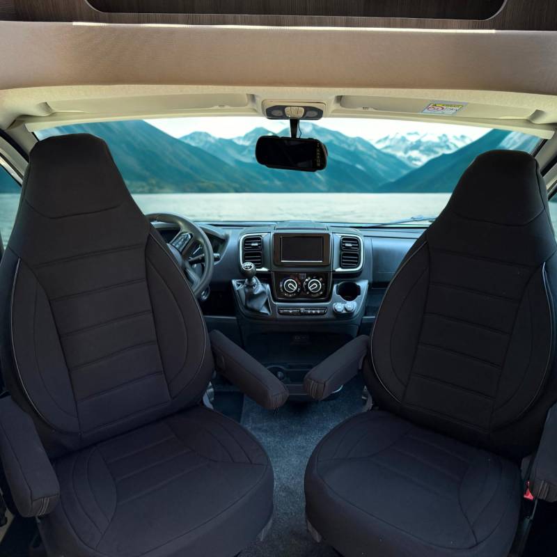 Auto Interieur Meester Sitzbezüge passend Kompatibel FIAT Ducato Wohnmobil 2-teiliges Set für Fahrer & Beifahrer mit Armlehnenbezügen,kompatibel mit Pössl, Knaus, Adria, Carthago u.a Schwarz von Auto Interieur Meester