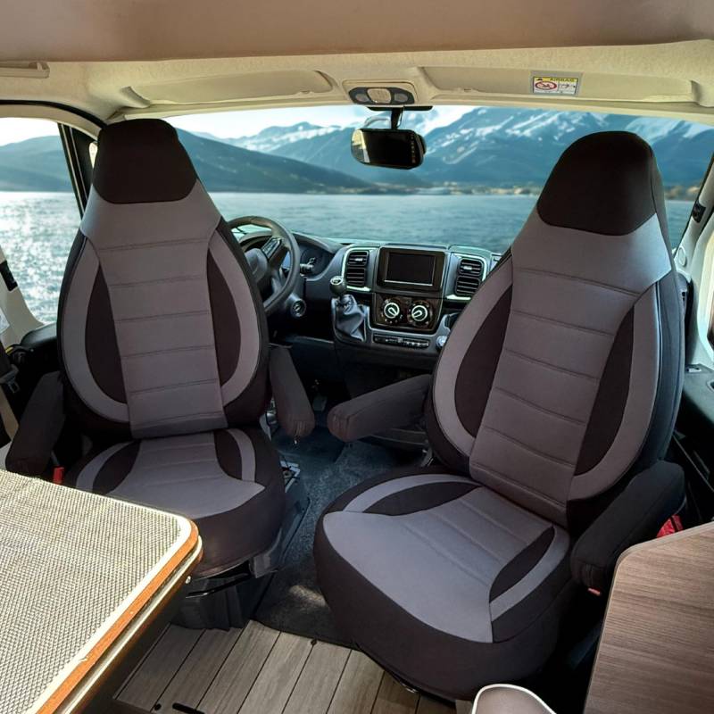 Auto Interieur Meester Sitzbezüge passend Kompatibel FIAT Ducato Wohnmobil 2-teiliges Set für Fahrer & Beifahrer mit Armlehnenbezügen, kompatibel mit Pössl, Knaus, Adria, Carthago u.a Schwarz - Grau von Auto Interieur Meester