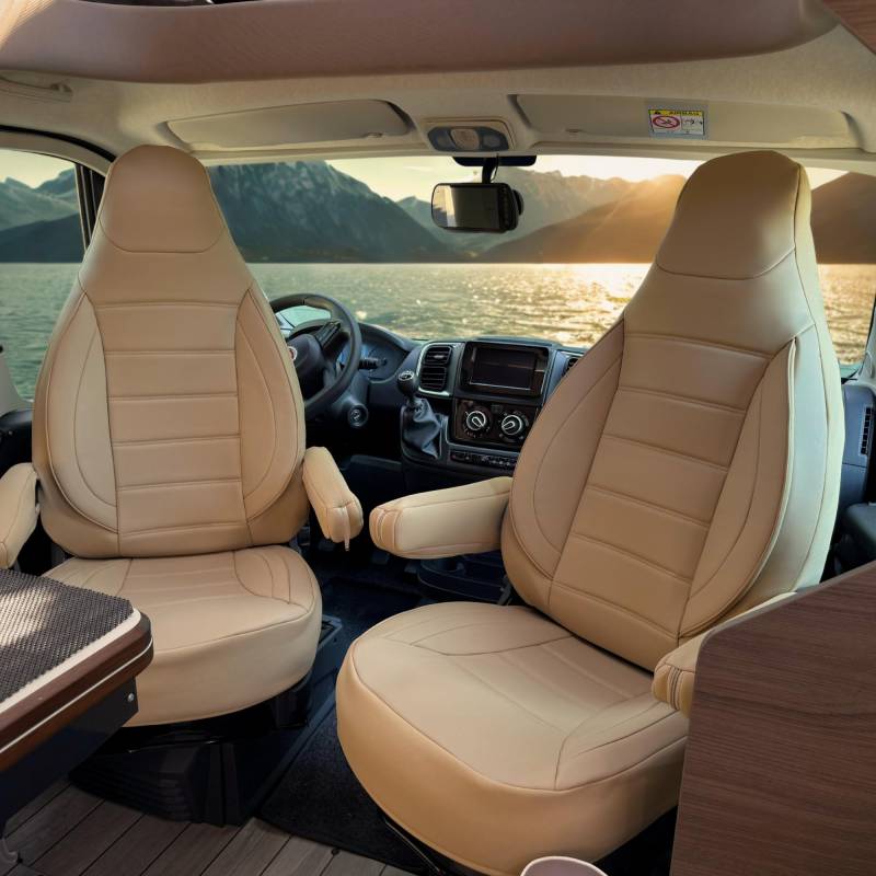 Auto Interieur Meester Sitzbezüge passend Kompatibel FIAT Ducato Wohnmobil 2-teiliges Set für Fahrer & Beifahrer mit Armlehnenbezügen,kompatibel mit Pössl, Knaus, Adria, Carthago u.a Kunstleder Beige von Auto Interieur Meester