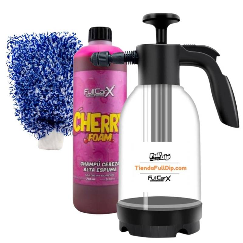 AutoFullCar - Cherry | Reinigungsset | Cherry Foam Shampoo | Super Glanz | Foamer Handschaum Generator | Waschhandschuh | FullCarX | 750 ml. von AutoFullCar