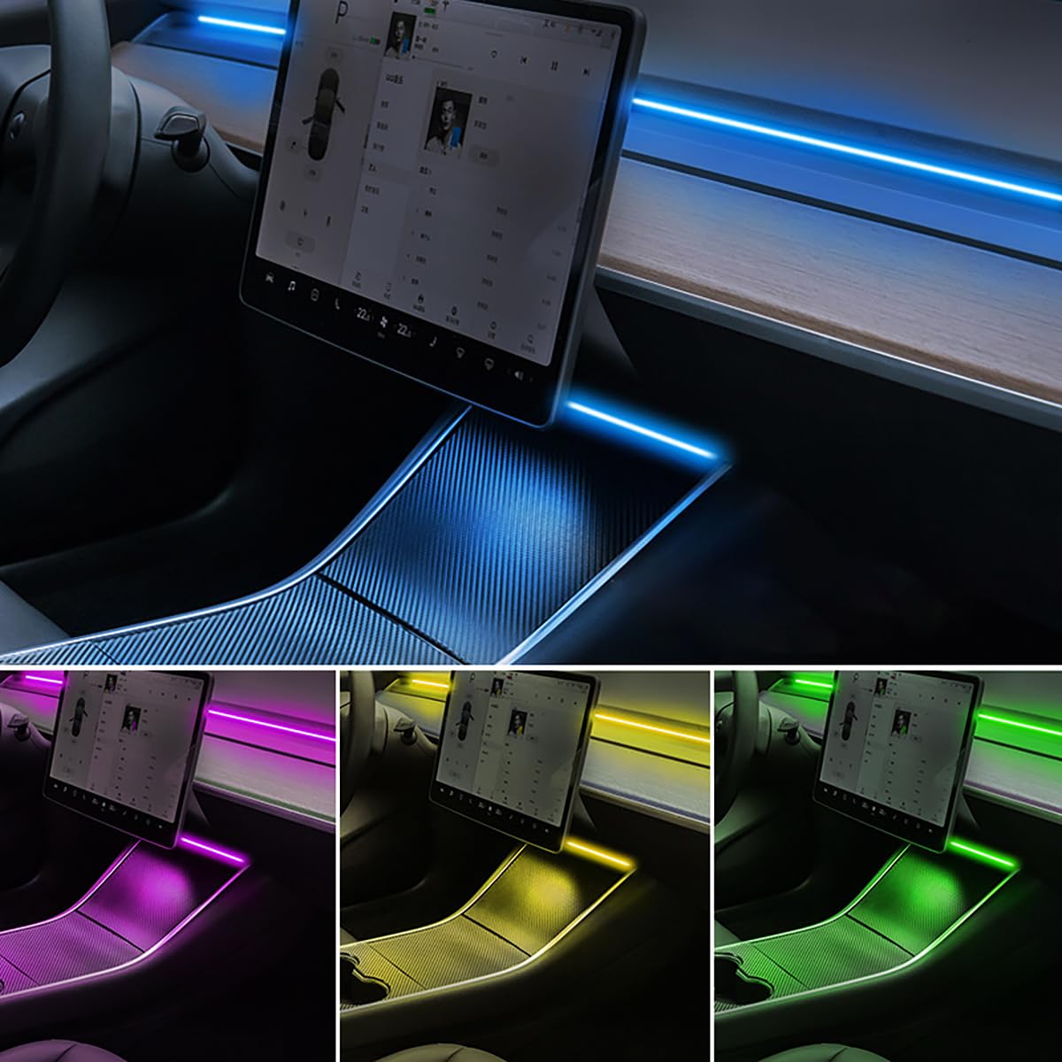 AutoQi passend für Tesla Model 3 Model Y LED Innenbeleuchtung Umfeldbeleuchtung, Model Y/3 RGB-Streifen mit Verbesserter APP und Kontroller Atmosphäre Licht, Tesla Auto LED Strip Zubehör von AutoQi