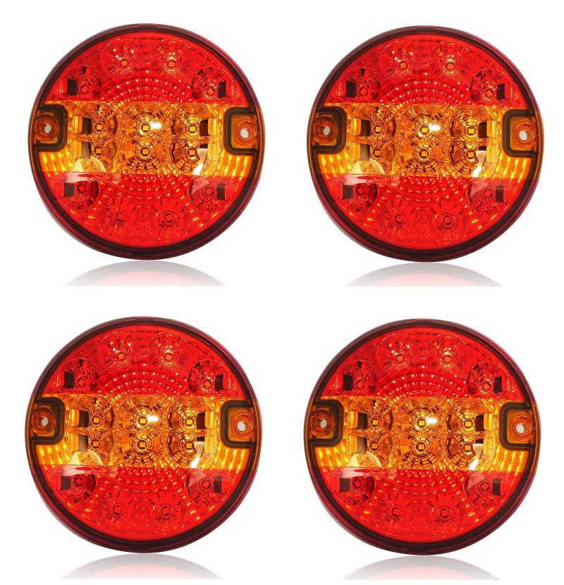 Autobits 4x LED 12/24V Rücklicht 3 Funktionen Rückleuchten Set mit 14 LEDs Rechts / Links verwendbar LKW Anhänger Wohnwagen Traktor Schlepper Hochwertig Rot/Orange Blinklicht 140mm E4 Prüfzeichen OVP von Autobits