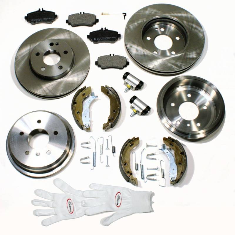 Autoparts-Online Set 60003185 Bremsscheiben + Bremsbeläge vorne + Bremstrommeln + Bremsbacken + Radbremszylinder + Zubehör hinten von Autoparts-Online