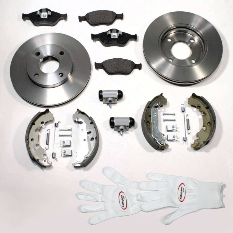 Autoparts-Online Set 60013042 Bremsscheiben belüftet + Bremsbeläge vorne + Bremsbacken + 2 x Radbremszylinder + Zubehörsatz für hinten von Autoparts-Online