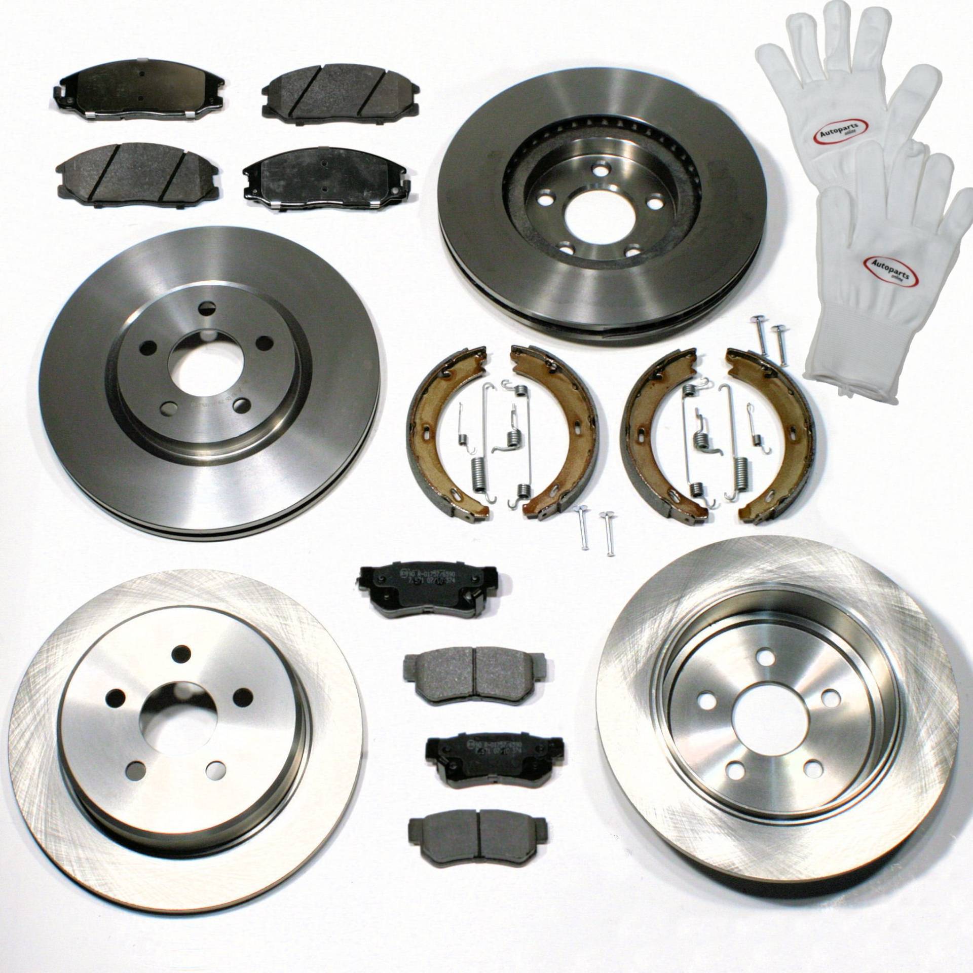 Autoparts-Online Set 60016789 Bremsscheiben mit Bremsbelägen für vorne und hinten Bremsbacken mit Zubehör Satz für die Handbremse an der Hinterachse von Autoparts-Online