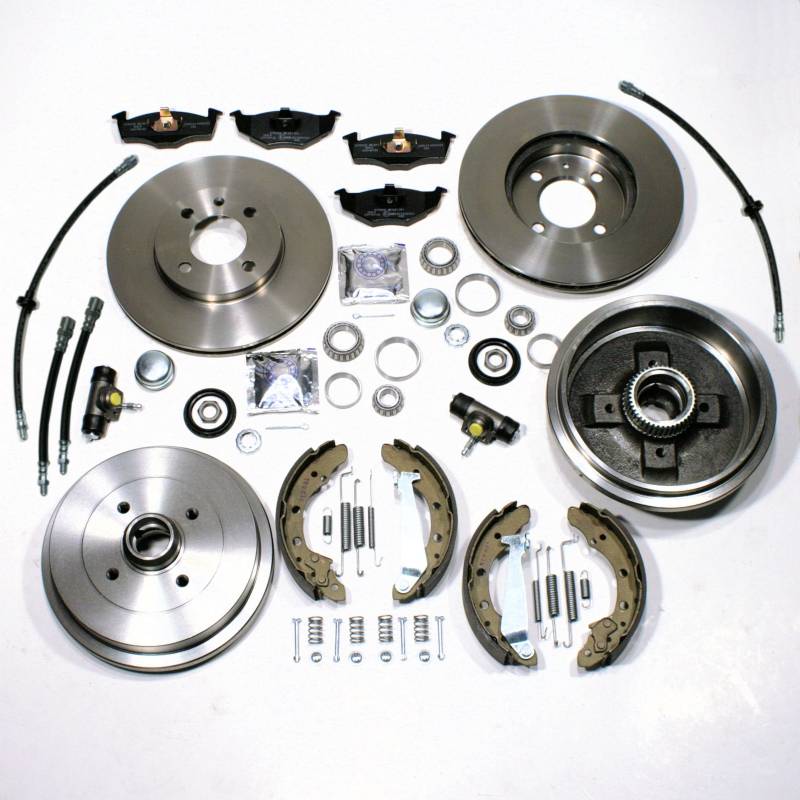 Bremsscheiben + Bremsbeläge vorne + Bremstrommel Set mit ABS Ringen + Bremsschläuche hinten von Autoparts-Online