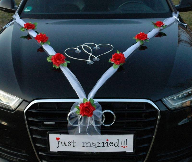 Organza M + Herzen Braut Paar Rose Deko Dekoration Autoschmuck Hochzeit Car Auto Wedding Deko Ratan Girlande ®Auto-schmuck PKW (Rot/Weiß/Weiß) von Auto-schmuck so einfach so kreativ