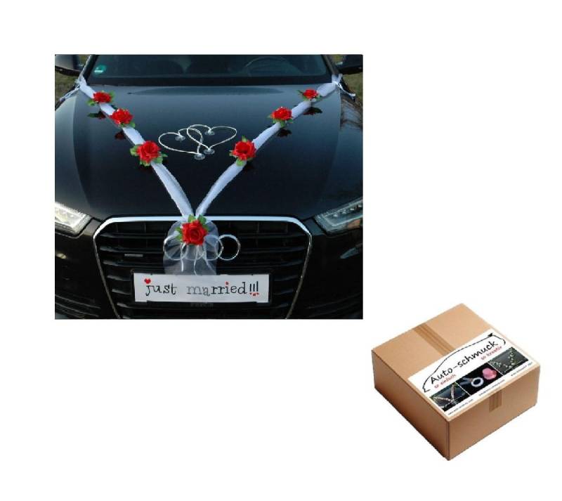 Organza M + Herzen Braut Paar Rose Deko Dekoration Autoschmuck Hochzeit Car Auto Wedding Deko Ratan Girlande ®Auto-schmuck PKW (Rot/Weiß/Weiß) von Auto-schmuck so einfach so kreativ