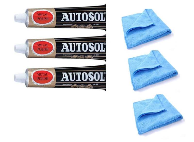 Solvol Autosol Metall-Politur und Mikrofaser-Reinigungstuch, für Chrom und Aluminium, 3 x 75-ml-Tuben von Autosol