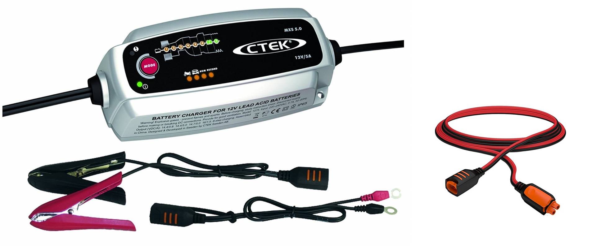 CTEK MXS 5.0 Autobatterie-Ladegerät mit automatischem Temperaturausgleich, 12 V + Verlängerungskabel